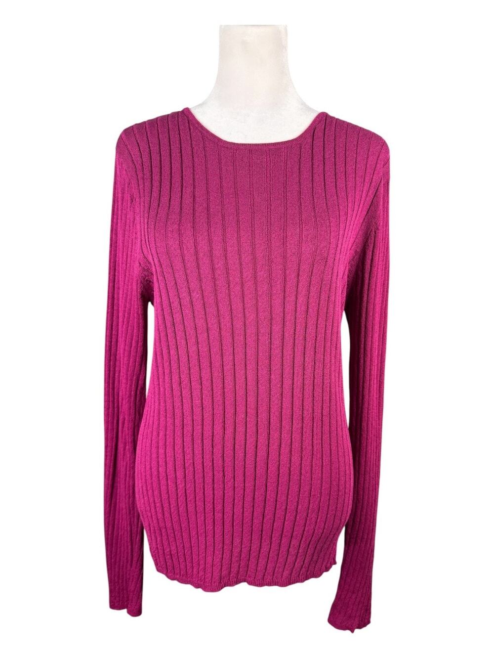 Lord & Taylor L Silk Blend Ribbed Knit Pullover Top Magenta Long Sleeve Stretch